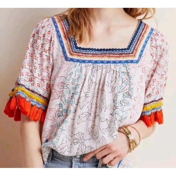 Anthropologie Maeve Paolina Tasseled Sleeve Peasant Blouse Small - Picture 2 of 11